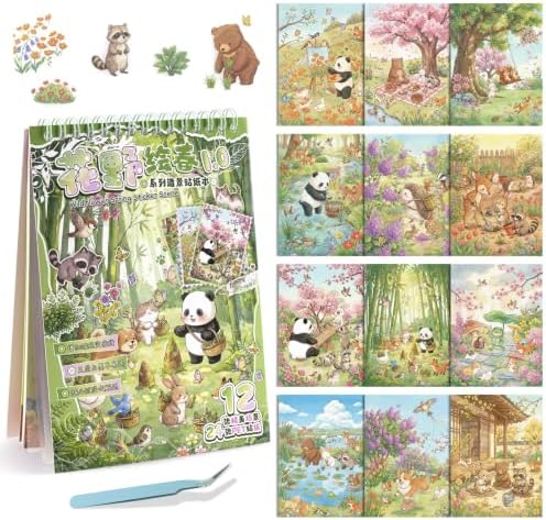 12 Sets Animal & Flower Sticker Scene Books, Cottagecore Style for Kids