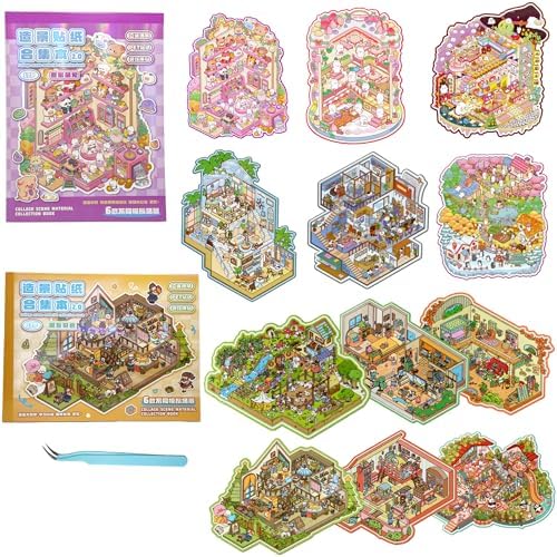 12 Sets Big Size 3D Sticker Scene Book, 2 Books