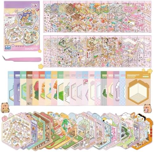 20 Sets DIY 3D House Stickers Book,Cute Cartoon Animal 3D Sticker Scene Make