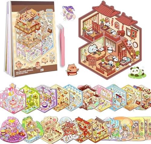 20 Sets DIY 3D Sticker Scene Book, Miniature House Pet Shop Room Stickers for