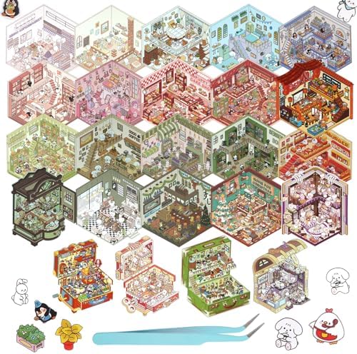 3D House Stickers, 24 Sets DIY Sticker Therapy for Adult Fun Cute Cartoon