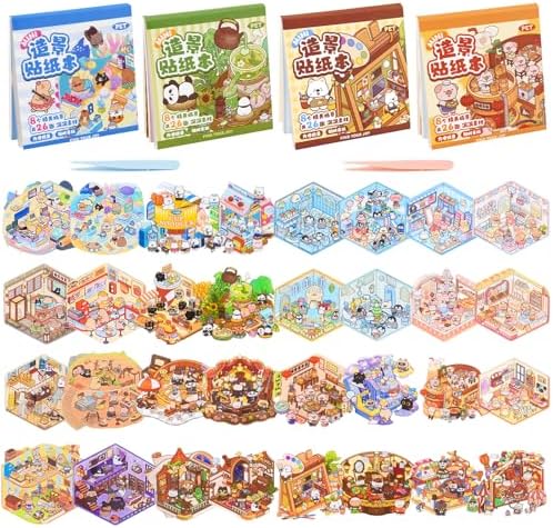 4 Books Pocket DIY 3D Sticker Scene Book, 32PCS Miniature Therapy Sticker