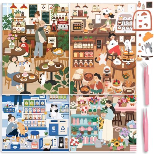 4 Sets Sticker by Number Scene for Adults Sticker Therapy 3D Sticker Scenes