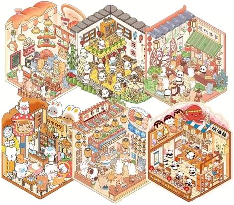 6 Sets Creative 3D Miniature Sticker Scenes Book for Adults