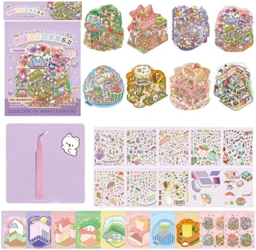 8 Sets 3D DIY House Stickers with Tweezer, Funny Cartoon 3D Sticker Scene
