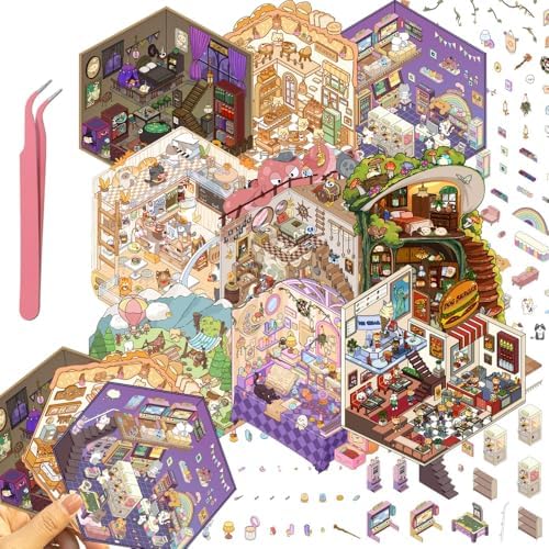 9 Sets Girls 3D Miniature Scene Stickers,Magic Study Room