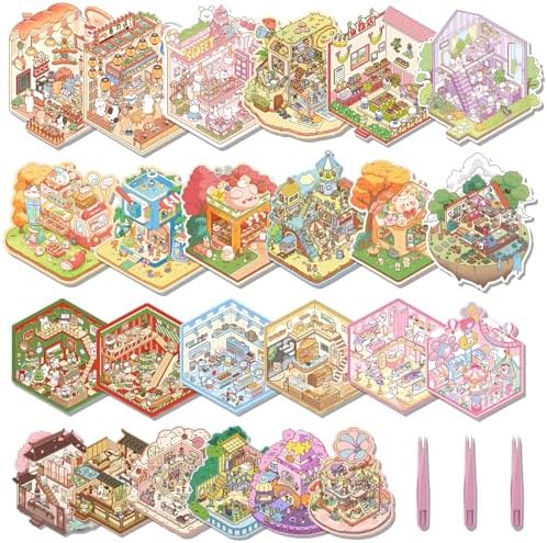 Aifong 24 Sets DIY 3D Sticker Scene Sticker Cute Cartoon Stickers Scene