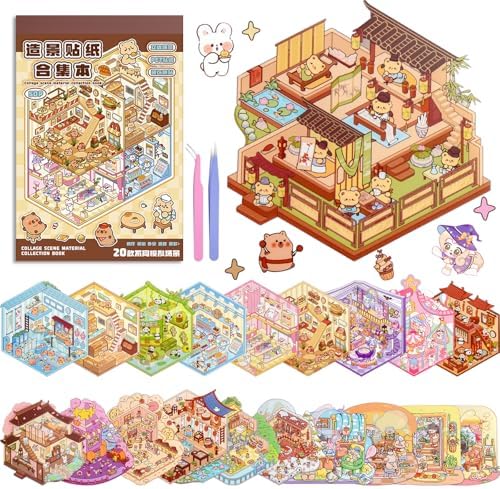 ASTARON 20Sets DIY 3D Sticker Scene Book, Make Own Shop Room Relief Stress
