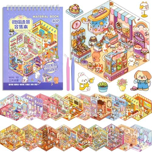ASTARON 20Sets DIY 3D Sticker Scene Book, Make Your Own Shop House Room