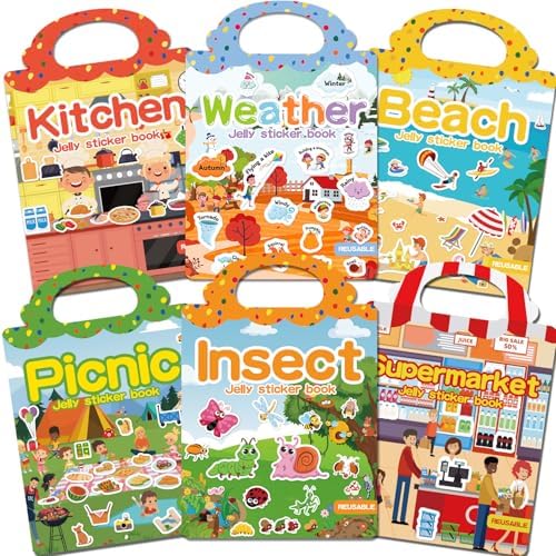 CREATIVETREES 6 Sets Reusable Sticker Book, Jelly Sticker Books for Toddler