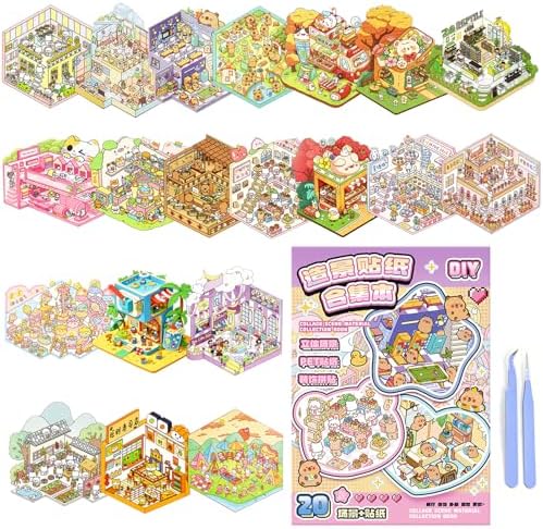 DIY 3D Scene Sticker Book, 20 Sets Sticker Scene Craft Kit with 26 Reusable