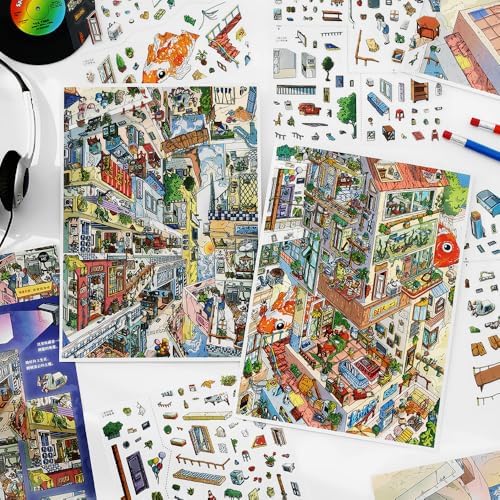 New 3D Stickers Scene, 2 Large Sets for Upside-Down Town Fishin Old Building