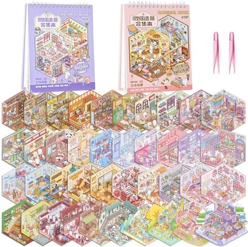 UTOUMON 2 Books 3D Scene Stickers 40Pcs Miniature Scene Therapy Sticker